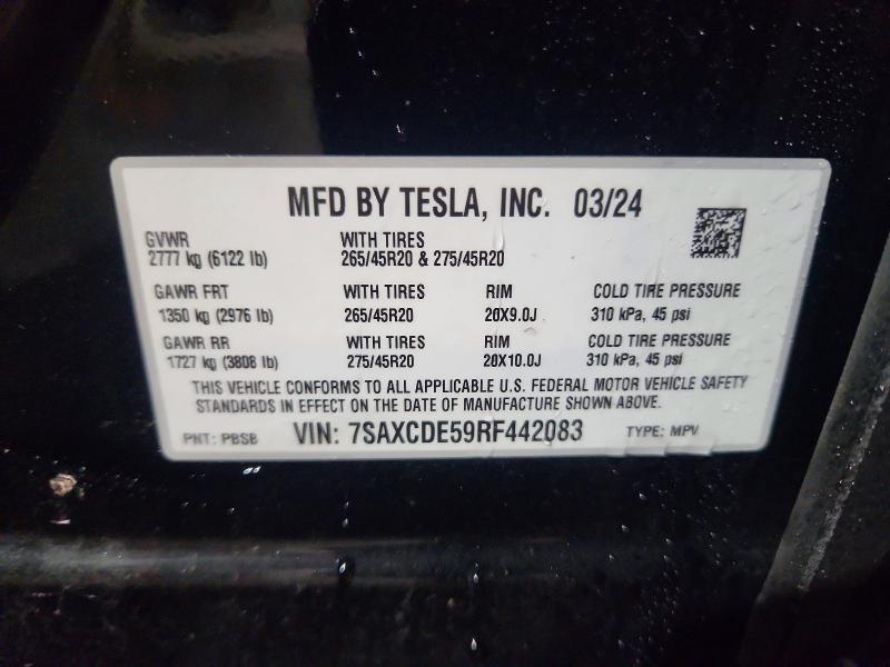 2024 Tesla Model X მანქანა იყიდება აუქციონზე, vin: 7SAXCDE59RF442083, აუქციონის ნომერი: 63711956