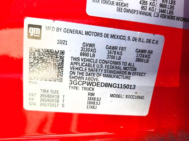 2022 Chevrolet Silverado Ltd მანქანა იყიდება აუქციონზე, vin: 3GCPWDED8NG115013, აუქციონის ნომერი: 66732136