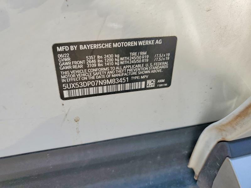 Aukcja sprzedaży 2022 Bmw X3, vin: 5UX53DP07N9M83451, numer aukcji: 62404536