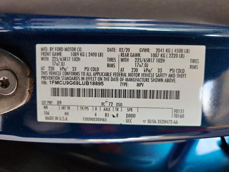 65957166 :رقم المزاد ، 1FMCU9G69LUB18895 vin ، 2020 Ford Escape مزاد بيع