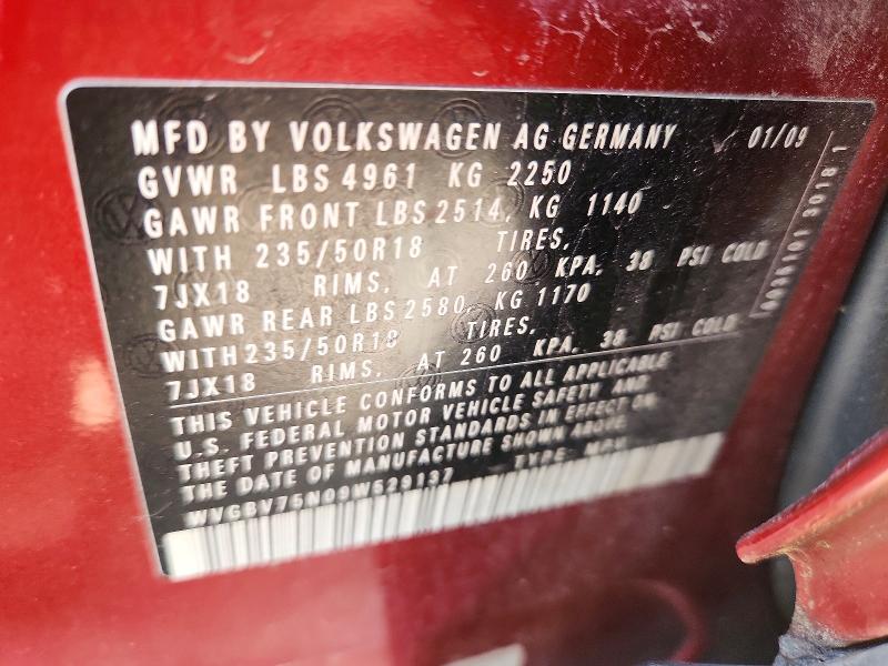 65543826 :رقم المزاد ، WVGBV75N09W529137 vin ، 2009 Volkswagen Tiguan مزاد بيع