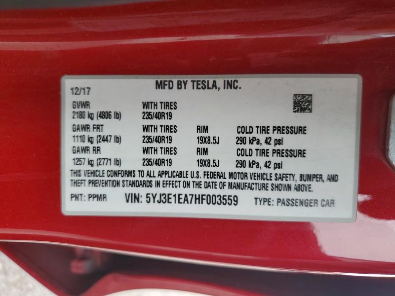 2017 Tesla Model 3 მანქანა იყიდება აუქციონზე, vin: 5YJ3E1EA7HF003559, აუქციონის ნომერი: 63905726