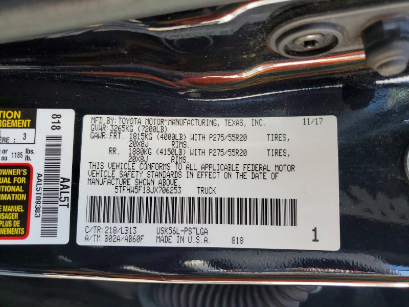 2018 Toyota Tundra მანქანა იყიდება აუქციონზე, vin: 5TFHW5F18JX706253, აუქციონის ნომერი: 66526776