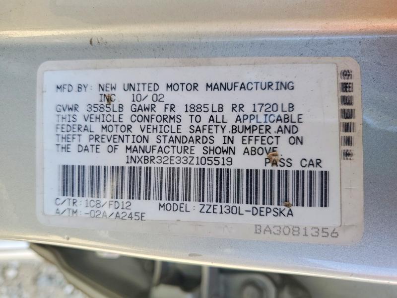 Aukcja sprzedaży 2003 Toyota Corolla, vin: 1NXBR32E33Z105519, numer aukcji: 67282466