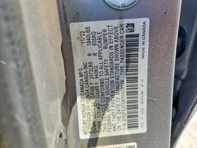 2023 Honda Civic მანქანა იყიდება აუქციონზე, vin: 2HGFE2F5XPH509126, აუქციონის ნომერი: 63474066