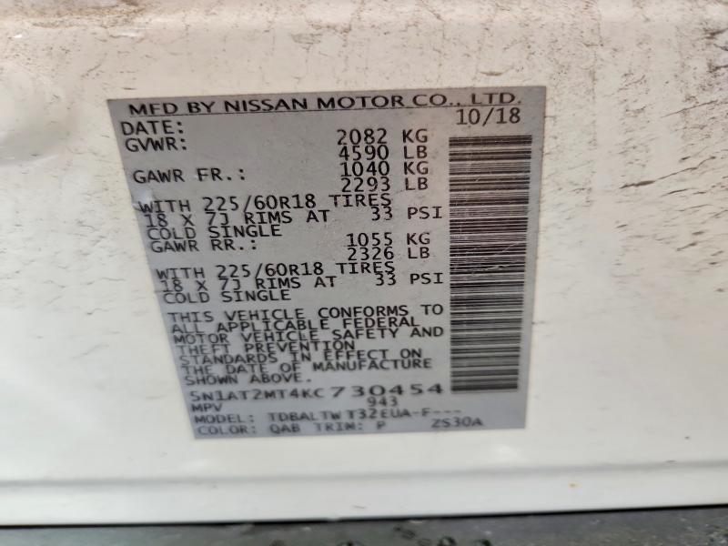 2019 Nissan Rogue მანქანა იყიდება აუქციონზე, vin: 5N1AT2MT4KC730454, აუქციონის ნომერი: 66800786
