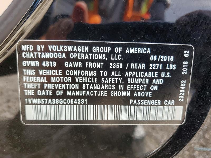 66738306 :رقم المزاد ، 1VWBS7A38GC064331 vin ، 2016 Volkswagen Passat مزاد بيع