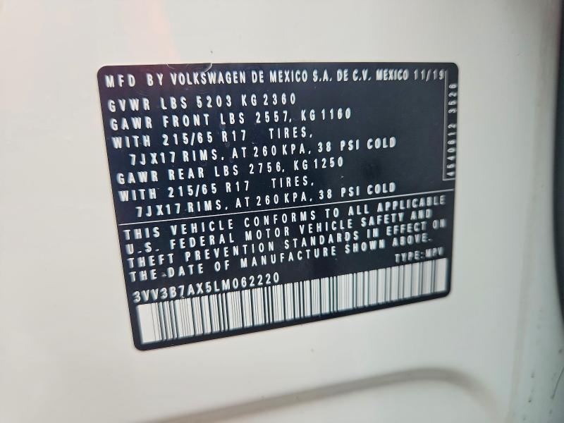 Продаж на аукціоні авто 2020 Volkswagen Tiguan, vin: 3VV3B7AX5LM062220, номер лоту: 67392726