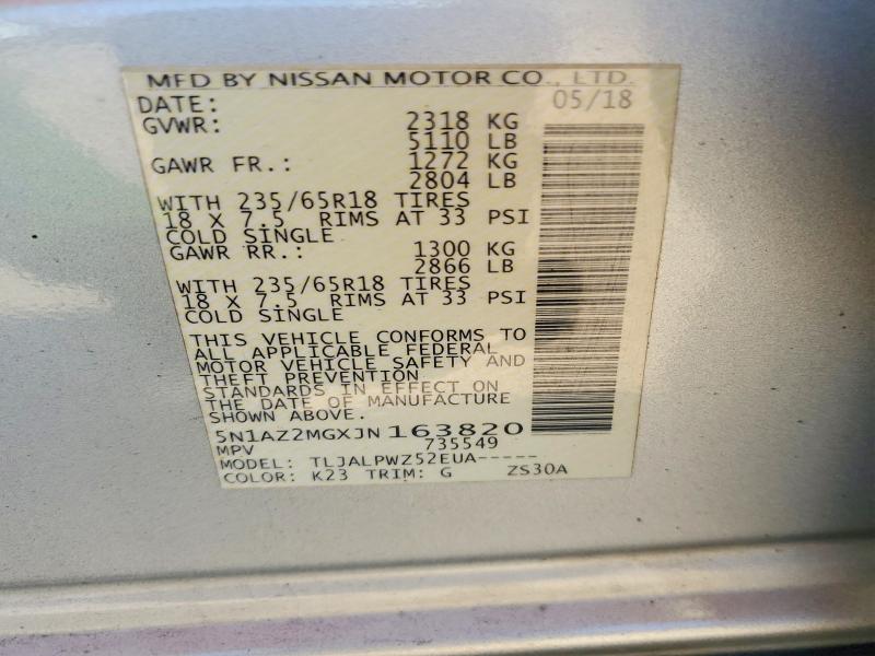 2018 Nissan Murano მანქანა იყიდება აუქციონზე, vin: 5N1AZ2MGXJN163820, აუქციონის ნომერი: 65687016