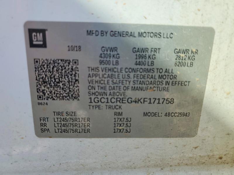 2019 Chevrolet Silverado მანქანა იყიდება აუქციონზე, vin: 1GC1CREG4KF171758, აუქციონის ნომერი: 64191696