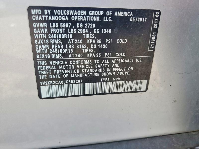 66554536 :رقم المزاد ، 1V2KR2CA0JC508207 vin ، 2018 Volkswagen Atlas مزاد بيع