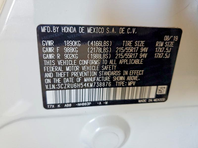 63392696 :رقم المزاد ، 3CZRU6H54KM738876 vin ، 2019 Honda Hr-v مزاد بيع