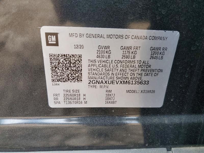 Aukcja sprzedaży 2021 Chevrolet Equinox, vin: 2GNAXUEVXM6135633, numer aukcji: 62837486