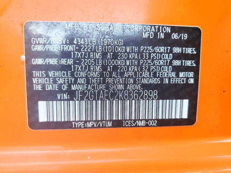 Aukcja sprzedaży 2019 Subaru Crosstrek, vin: JF2GTAEC2K8362898, numer aukcji: 65147526