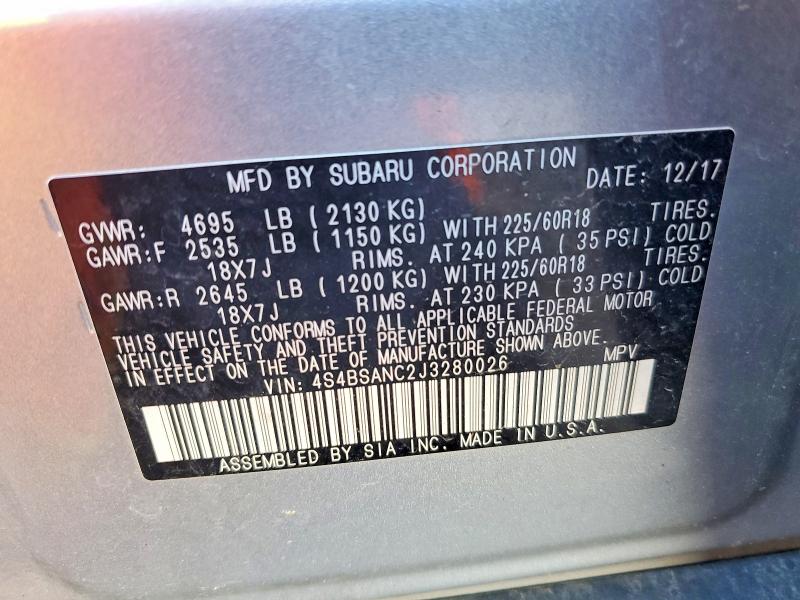 Продаж на аукціоні авто 2018 Subaru Outback, vin: 4S4BSANC2J3280026, номер лоту: 66638146