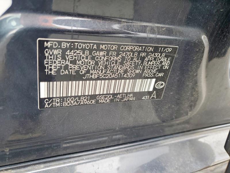 66389716 :رقم المزاد ، JTHBF5C20A5114309 vin ، 2010 Lexus Is 250 مزاد بيع