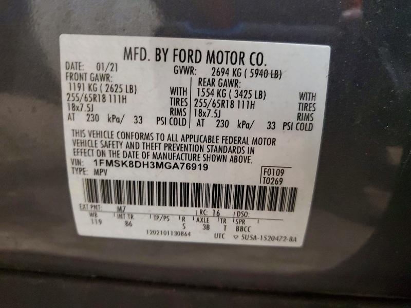 Aukcja sprzedaży 2021 Ford Explorer, vin: 1FMSK8DH3MGA76919, numer aukcji: 65015226