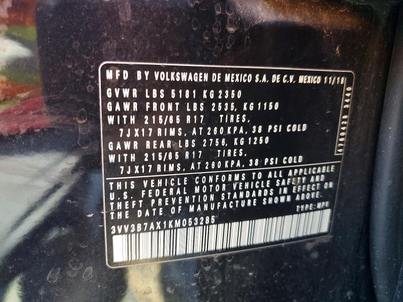 2019 Volkswagen Tiguan მანქანა იყიდება აუქციონზე, vin: 3VV3B7AX1KM053285, აუქციონის ნომერი: 67207296