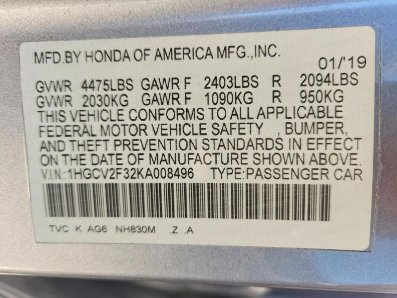 Aukcja sprzedaży 2019 Honda Accord, vin: 1HGCV2F32KA008496, numer aukcji: 65185336