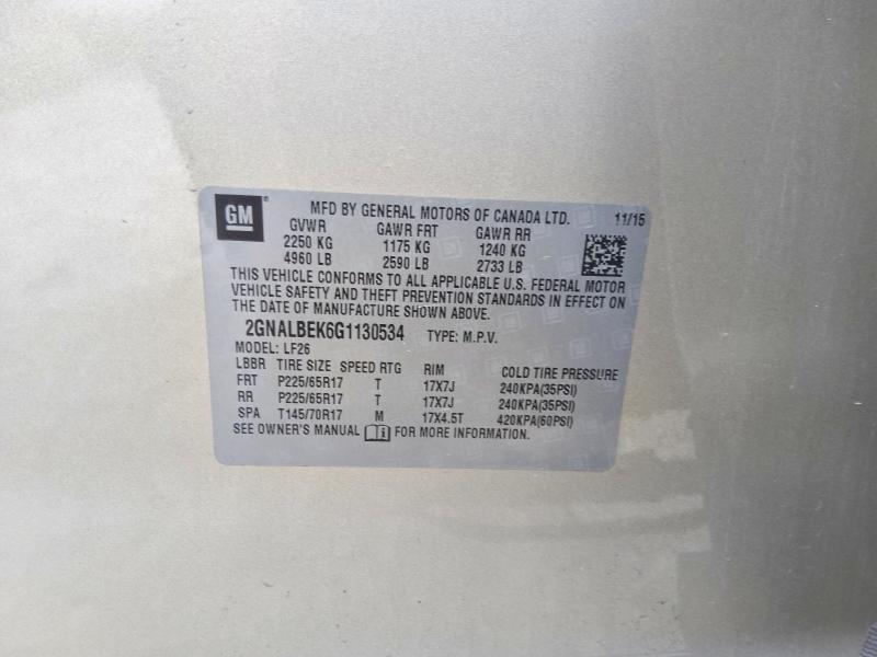 67094386 :رقم المزاد ، 2GNALBEK6G1130534 vin ، 2016 Chevrolet Equinox مزاد بيع