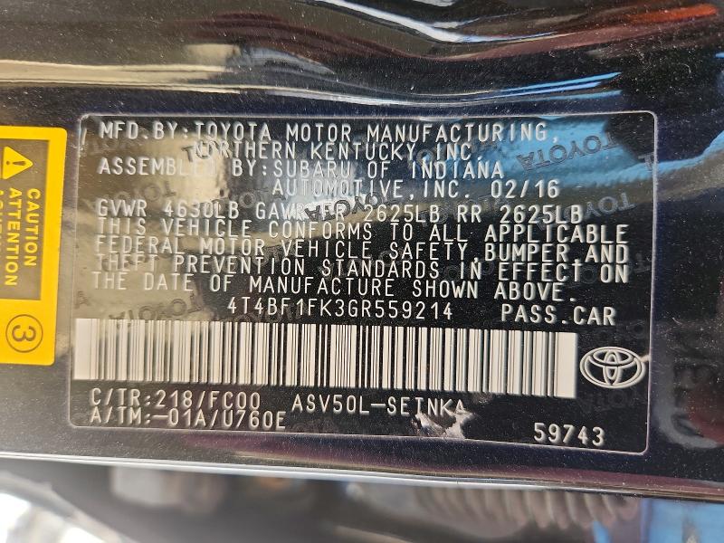 2016 Toyota Camry მანქანა იყიდება აუქციონზე, vin: 4T4BF1FK3GR559214, აუქციონის ნომერი: 66431476