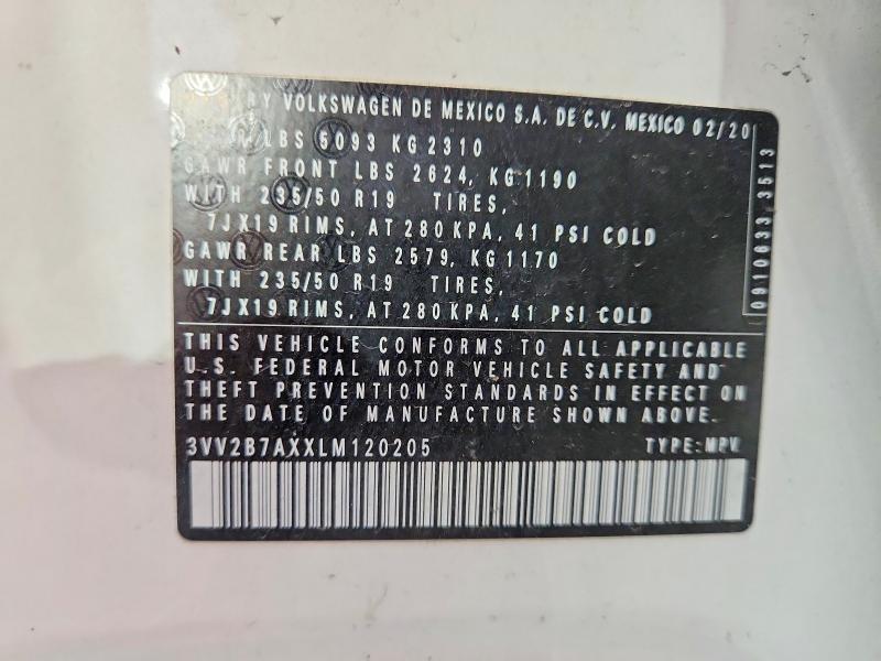 2020 Volkswagen Tiguan მანქანა იყიდება აუქციონზე, vin: 3VV2B7AXXLM120205, აუქციონის ნომერი: 66402086