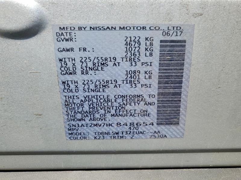 2017 Nissan Rogue მანქანა იყიდება აუქციონზე, vin: 5N1AT2MV7HC848654, აუქციონის ნომერი: 64056736