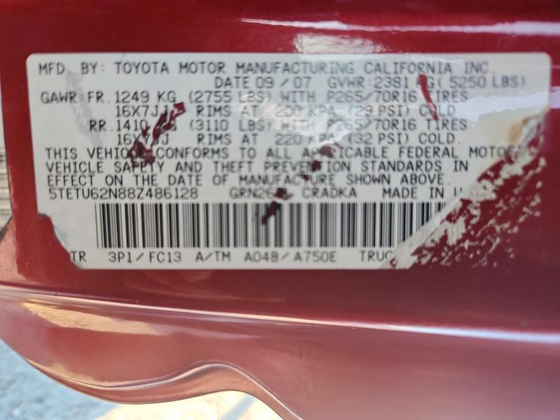 Auction sale of the 2008 Toyota Tacoma, vin: 5TETU62N88Z486128, lot number: 66228516