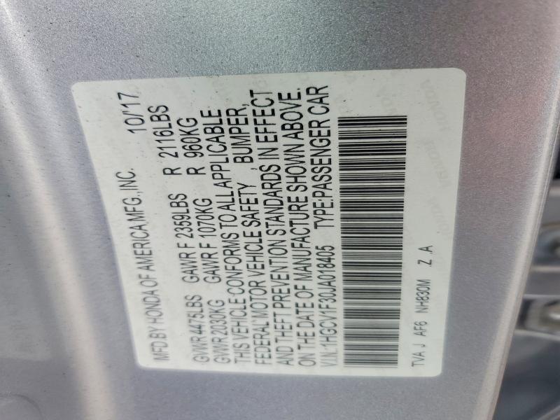 Aukcja sprzedaży 2018 Honda Accord, vin: 1HGCV1F30JA018405, numer aukcji: 63355416
