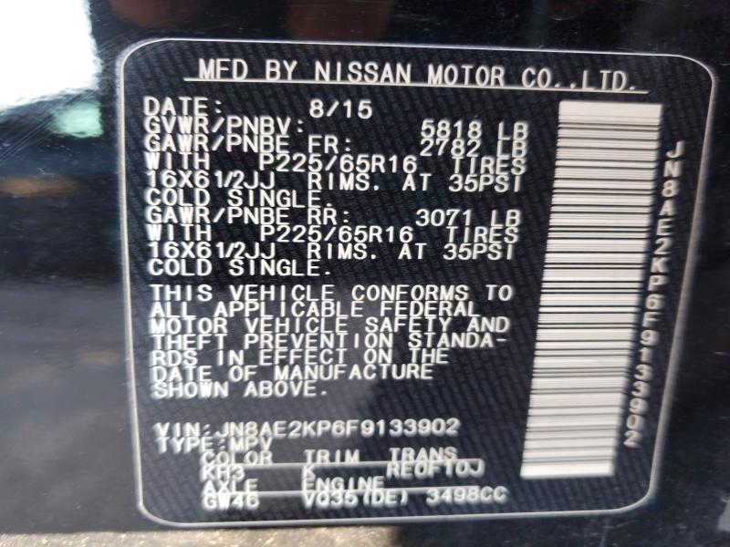 63495266 :رقم المزاد ، JN8AE2KP6F9133902 vin ، 2015 Nissan Quest مزاد بيع