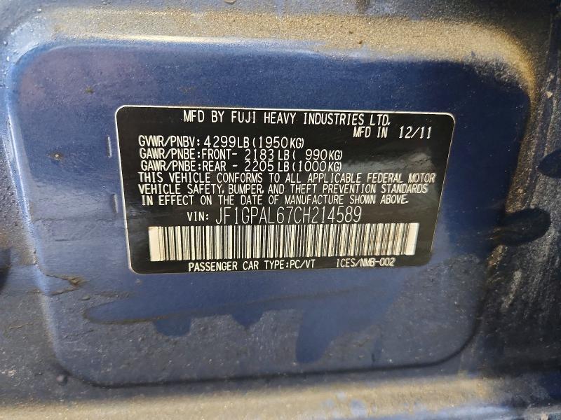 Aukcja sprzedaży 2012 Subaru Impreza, vin: JF1GPAL67CH214589, numer aukcji: 61673466