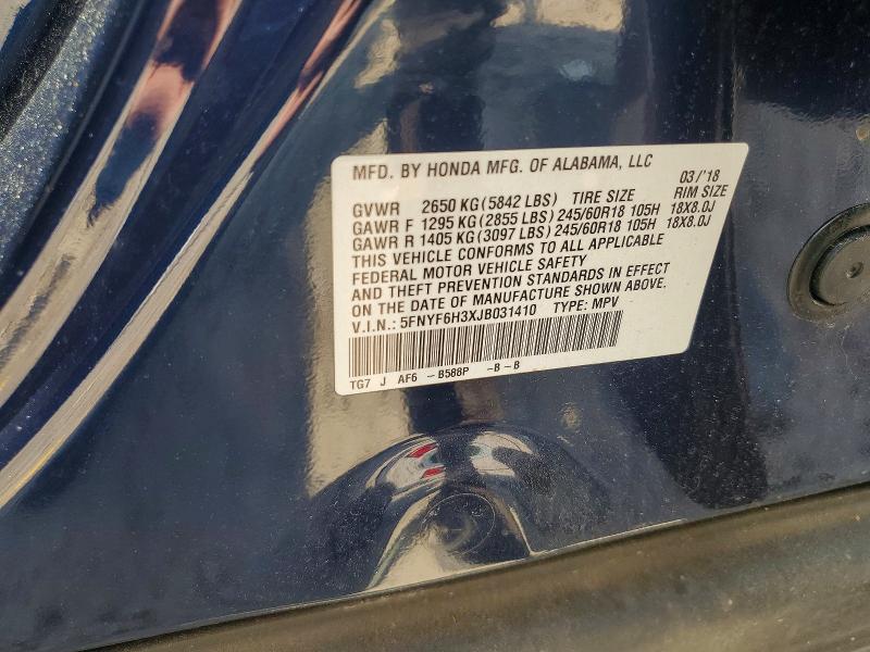 2018 Honda Pilot მანქანა იყიდება აუქციონზე, vin: 5FNYF6H3XJB031410, აუქციონის ნომერი: 63482596