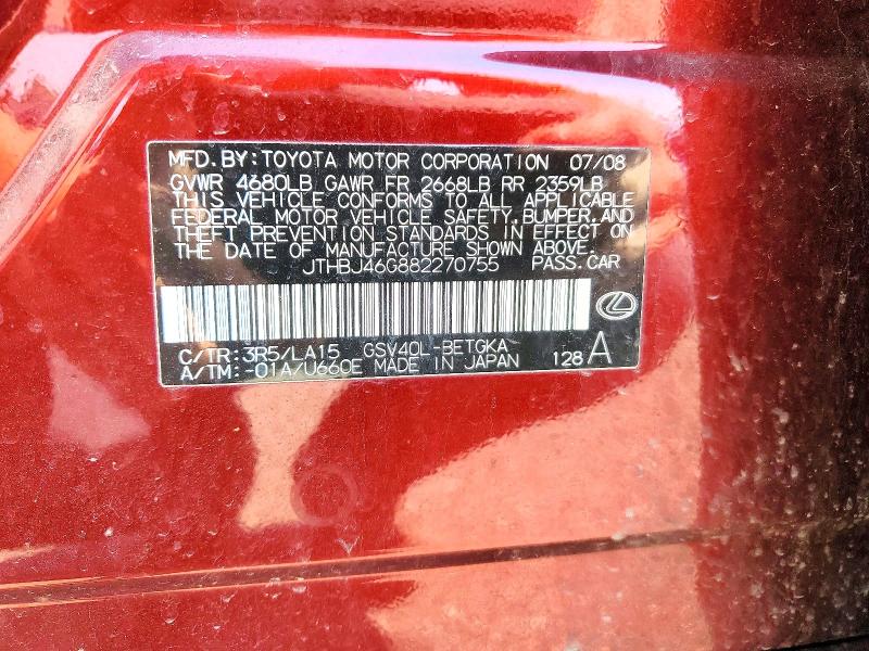 Aukcja sprzedaży 2008 Lexus Es, vin: JTHBJ46G882270755, numer aukcji: 64297326