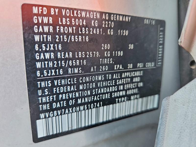 64783026 :رقم المزاد ، WVGBV7AX0HW510741 vin ، 2017 Volkswagen Tiguan مزاد بيع
