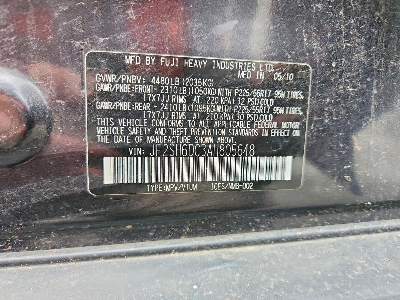 2010 Subaru Forester მანქანა იყიდება აუქციონზე, vin: JF2SH6DC3AH805648, აუქციონის ნომერი: 63037106