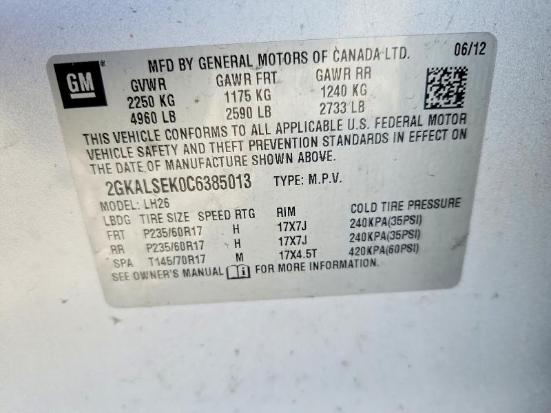 Aukcja sprzedaży 2012 Gmc Terrain, vin: 2GKALSEK0C6385013, numer aukcji: 67032756