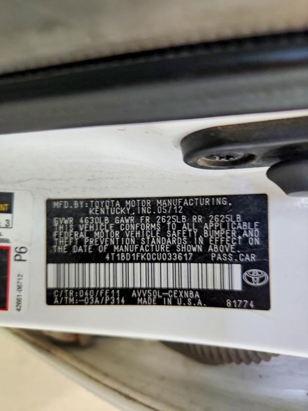 65820906 :رقم المزاد ، 4T1BD1FK0CU033617 vin ، 2012 Toyota Camry Hybrid مزاد بيع