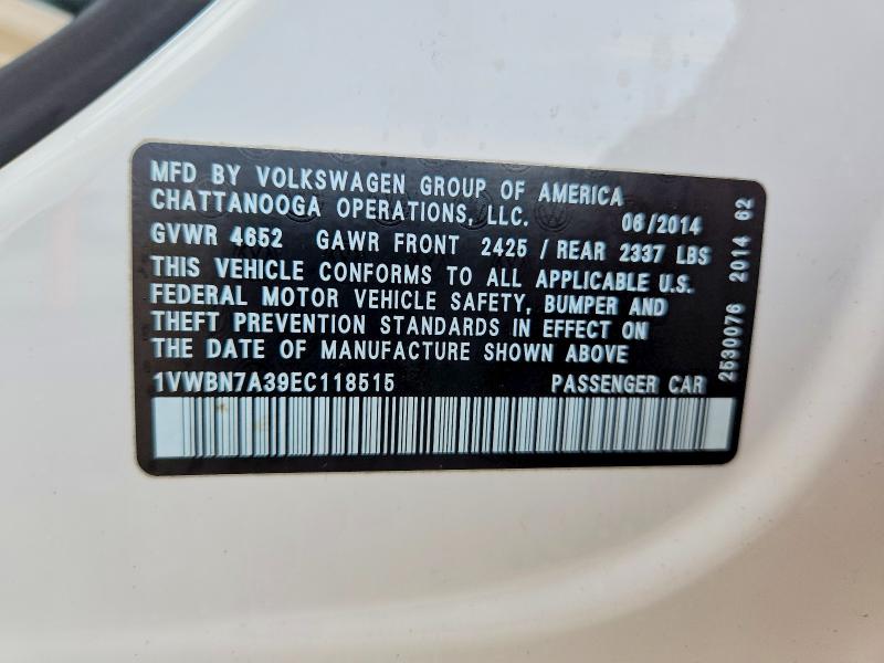 2014 Volkswagen Passat მანქანა იყიდება აუქციონზე, vin: 1VWBN7A39EC118515, აუქციონის ნომერი: 65706106