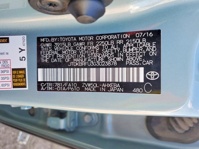 Продаж на аукціоні авто 2016 Toyota Prius, vin: JTDKBRFU3G3023878, номер лоту: 66761016