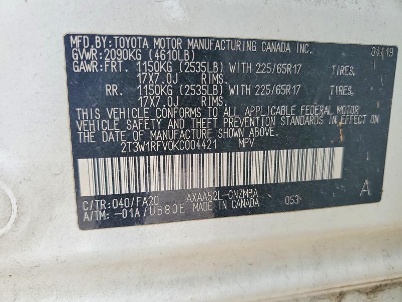 Продаж на аукціоні авто 2019 Toyota Rav4, vin: 2T3W1RFV0KC004421, номер лоту: 65261426