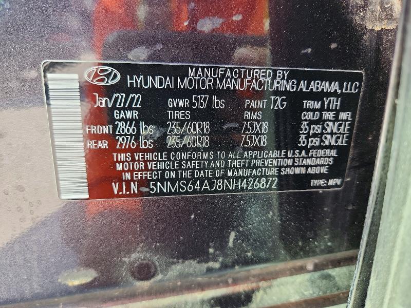 65110286 :رقم المزاد ، 5NMS64AJ8NH426872 vin ، 2022 Hyundai Santa Fe مزاد بيع
