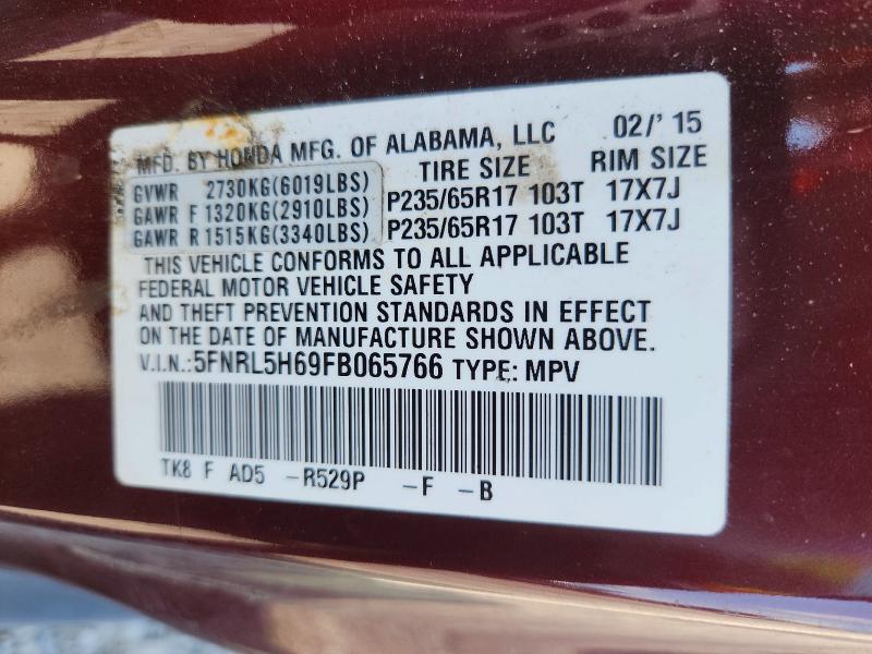 65505086 :رقم المزاد ، 5FNRL5H69FB065766 vin ، 2015 Honda Odyssey مزاد بيع