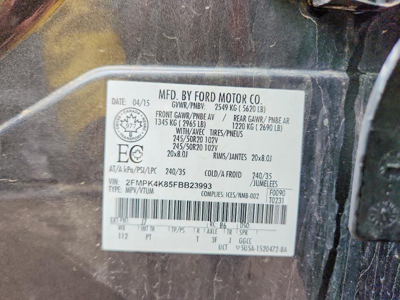 64975496 :رقم المزاد ، 2FMPK4K85FBB23993 vin ، 2015 Ford Edge مزاد بيع