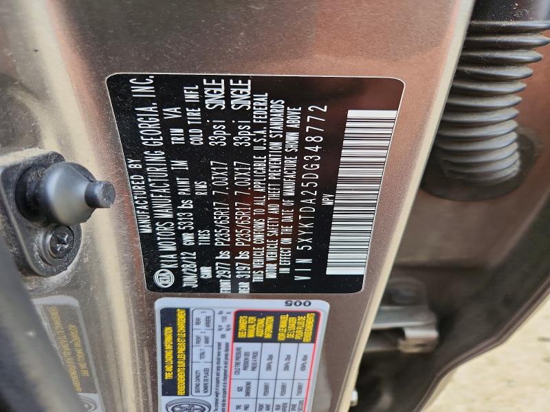 2013 Kia Sorento მანქანა იყიდება აუქციონზე, vin: 5XYKTDA25DG348772, აუქციონის ნომერი: 65446286