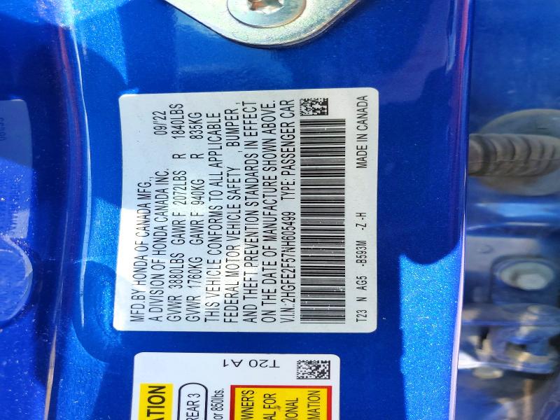 2022 Honda Civic მანქანა იყიდება აუქციონზე, vin: 2HGFE2F57NH605499, აუქციონის ნომერი: 66035936