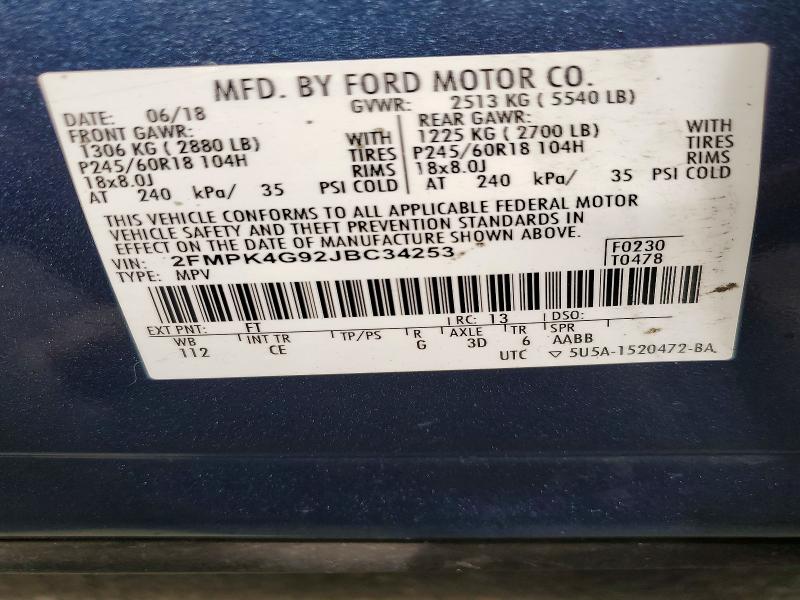 Продаж на аукціоні авто 2018 Ford Edge, vin: 2FMPK4G92JBC34253, номер лоту: 66254496