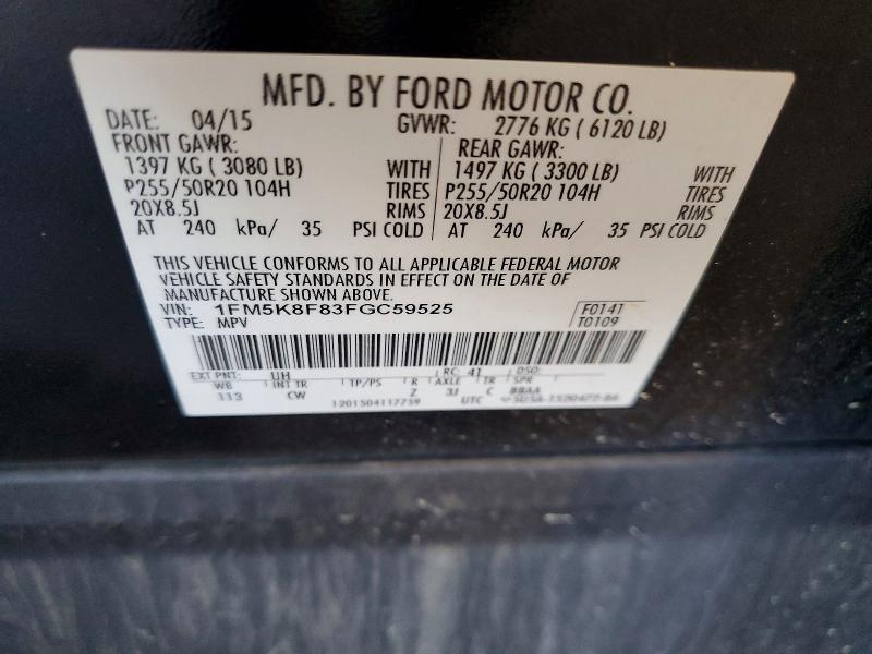 Aukcja sprzedaży 2015 Ford Explorer, vin: 1FM5K8F83FGC59525, numer aukcji: 64626566