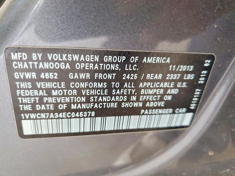 2014 Volkswagen Passat მანქანა იყიდება აუქციონზე, vin: 1VWCN7A34EC045378, აუქციონის ნომერი: 66844896