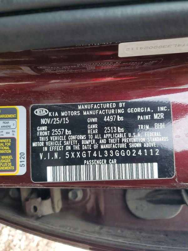 2016 Kia Optima მანქანა იყიდება აუქციონზე, vin: 5XXGT4L33GG024112, აუქციონის ნომერი: 65627866