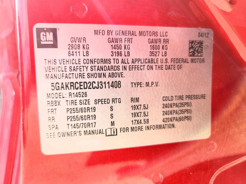63672056 :رقم المزاد ، 5GAKRCED2CJ311408 vin ، 2012 Buick Enclave مزاد بيع